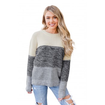 Gray Color Block Netted Texture Pullover Sweater Brown Yellow